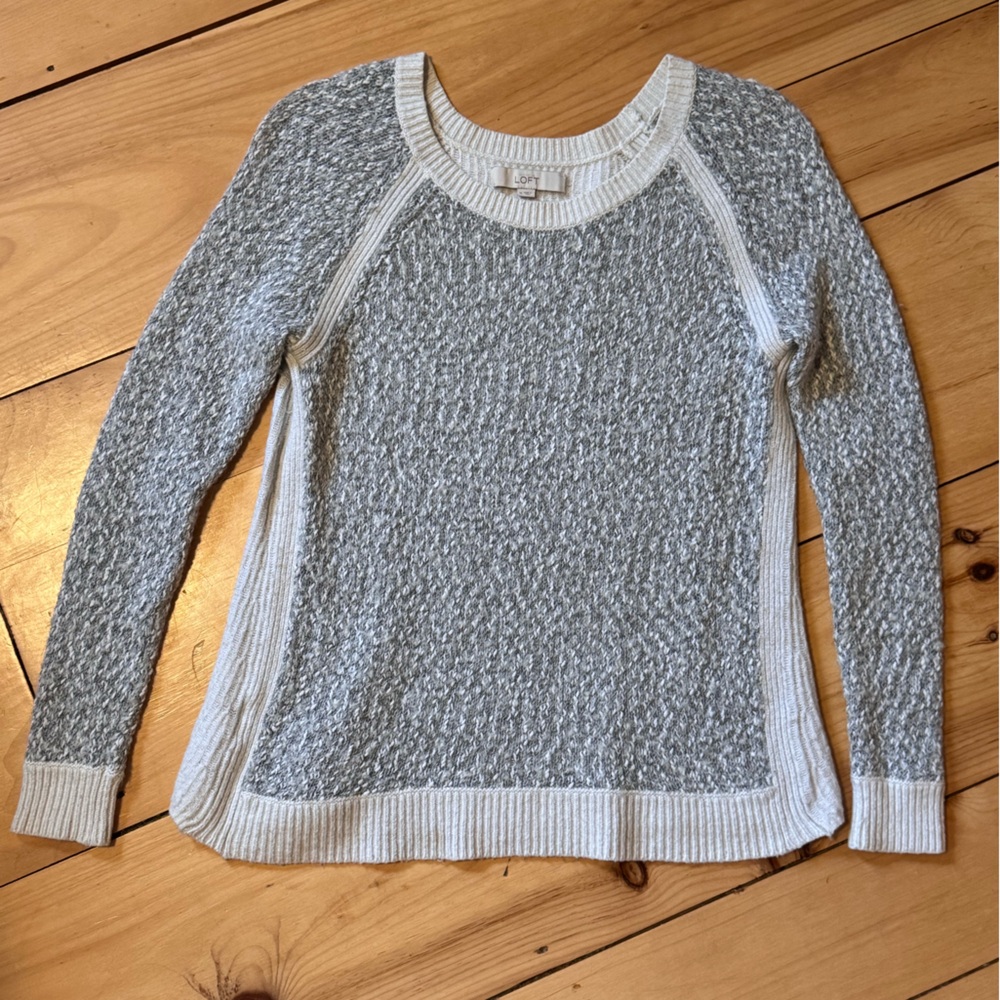 LOFT Off-the-Shoulder Gray and Cream Sweater